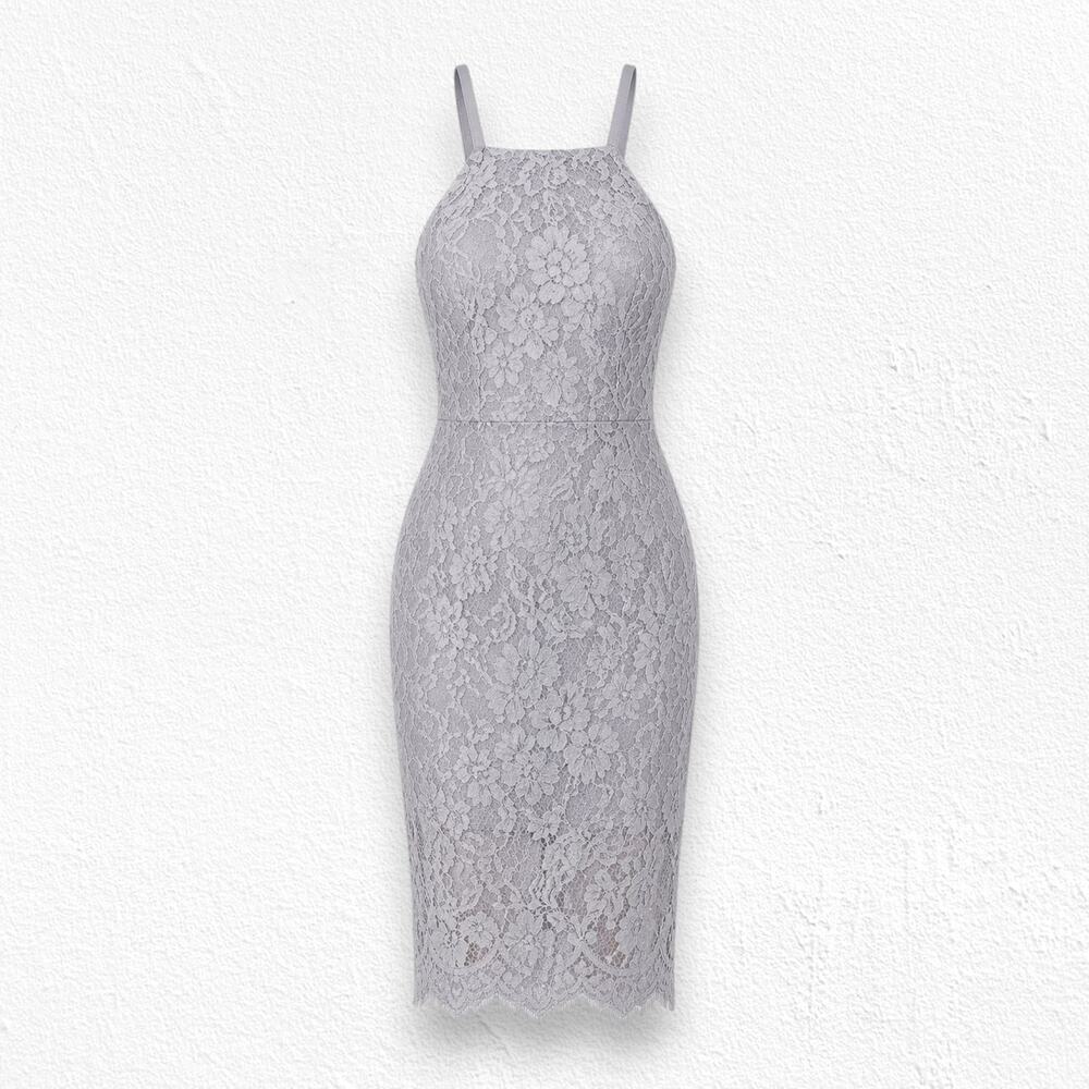 Lulus Gray Floral Lace Halter Ribbon Strap Bridesmaid Cocktail Dress Size Large